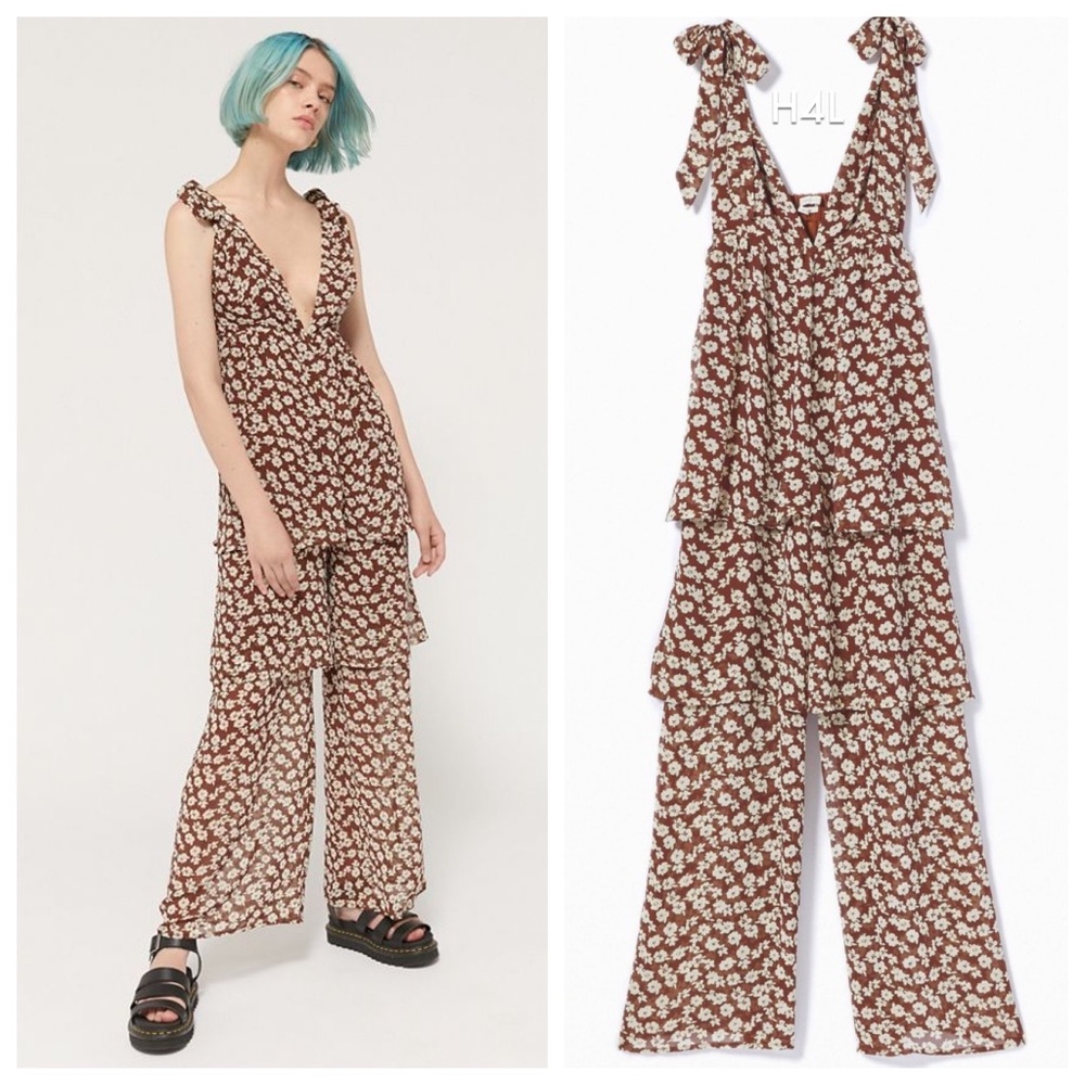 NWT UO Floral Ruffle Flowy Halter Tiered Jumpsuit